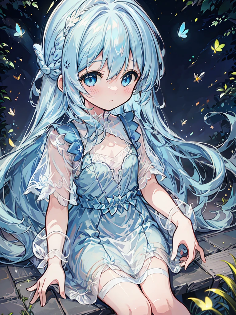 masterpiece, best quality, extremely detailed, (illustration, official art:1.1), 1 girl ,(((( light blue long hair)))), ,(((( light blue long hair)))),light blue hair, ,10 years old, long hair ((blush)) , cute face, big eyes, masterpiece, best quality,(((((a very delicate and beautiful girl))))),Amazing,beautiful detailed eyes,blunt bangs((((little delicate girl)))),tareme(true beautiful:1.2), sense of depth,dynamic angle,,,, affectionate smile, (true beautiful:1.2),(flat chest)), official art,natural lighting, soft lighting, sunlight, HDR (High Dynamic Range), Maximum Clarity And Sharpness, Multi-Layered Textures, fireflies,,happy,playing,perfect hands,perfect legs,perfect fingers,(8K, quality, tmasterpiece: 1.2), (actual, realistically: 1.37), super detailing, one-girl, wide viewing angle, Firefly Garden, Lots of little lights and fireflies flying around, natta、
