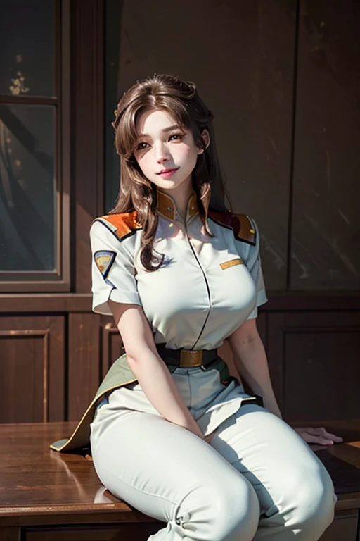 (highest quality), (masterpiece), detailed, Depth of written boundary, Perfect lighting, One girl, Mature Woman, hair ornaments, (highest quality), (masterpiece), detailed, Depth of written boundary, Short sleeve,   freckles, Huge breasts, smile、Medium Long Hair、Brown Hair、White Uniform、Squat、Leg spread