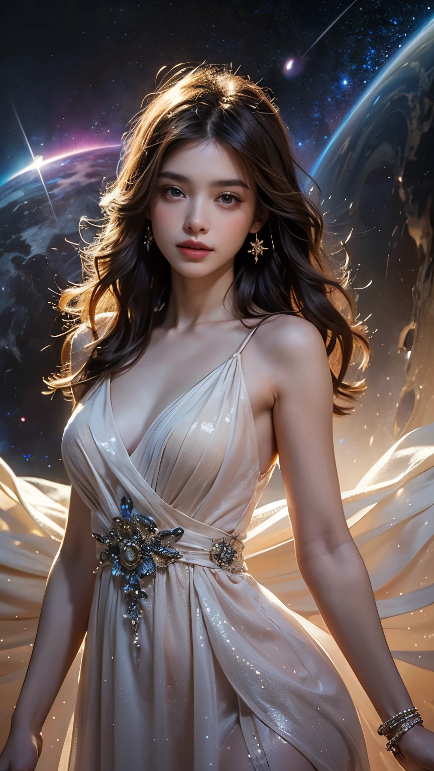 ((A sorceress in a cloud universe และ shining stars และ galaxy)), สาว is - glowing - wearing an elegant, ชุดเดรสทรงหลวม, Surrounded by vibrant และ สีful light particles, สวรรค์เปิดออกสู่กระแสน้ำวนกาแล็กซี. ฉากแนวตั้ง. เธอ (รายละเอียดที่สวยงาม) และ (รายละเอียดที่สวยงาม) ริมฝีปาก. ชุดนี้ทำจากวัสดุน้ำหนักเบา... สาว&#39;ผมร่วงหล่น (Loose และ natural) ขด, Add to เธอ (Gentle และ easy-going) ภายนอก. She is holding a glowing orb that has swirls of สี. ภาพใหญ่ก็คือ (คุณภาพสูงสุด, ความละเอียดสูง) และ (รายละเอียดมาก) Texture และ (เหมือนจริง) สี. A dreamy และ fantastical สี palette. แสงไฟมีความนุ่มนวล, สร้างเงาอันละเอียดอ่อน. 8k แบบภาพยนตร์, แสงปริมาตร, อัตราส่วนทองคำมิติที่สูงกว่า, พอร์ทัลอวกาศ. ไทม์ไลน์ใหม่, จักรวาลลึกลับ, 超ความละเอียดสูง, จอประสาทตา, ผลงานชิ้นเอก, 8ก, รางวัล