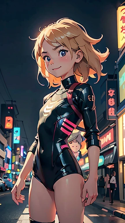 (8k),(masterpiece),(Japanese),(8-year-old girl),((innocent look)),((Petit)),From the front,smile,cute,Innocent,Kind eyes,flat chest, Slender, Black Canary costume,semi-long,Hair blowing in the wind,Blonde Hair,strong wind,midnight,dark,neon light futuristic city
