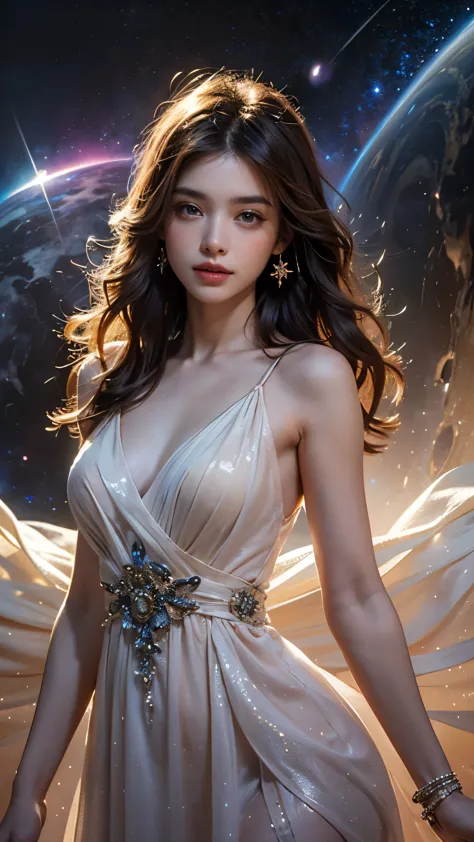 ((a sorceress in a cloud universe and shining stars and galaxy)), girl is - glowing - wearing an elegant, loose fitting dress, s...