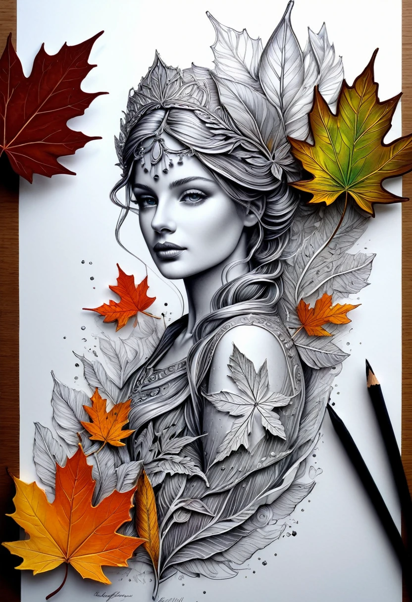 绘制令人惊叹的超高清水墨风格 4D 人物, 仿佛从图纸中出来的全息效果, 极其详细的绘图, 超现实的, 精致细节. 真正了不起的工作, 愉悦而感性的工作, 秋天的颜色, 弯曲图纸