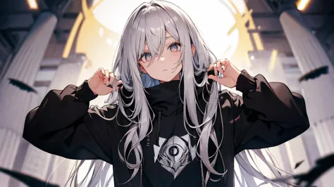 Silver Hair、Semi-long hair,{{{{{{{{ Black hoodie oversized }}}}}}}},Beautiful and delicate golden eyes,thought,Black clothes,