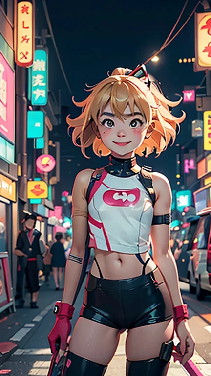 (8k),(masterpiece),(Japanese),(8-year-old girl),((innocent look)),((Petit)),From the front,smile,cute,Innocent,Kind eyes,flat chest, Slender, Harley Quinn costume,semi-long,Hair blowing in the wind,Blonde Hair,strong wind,midnight,dark,neon light futuristic city