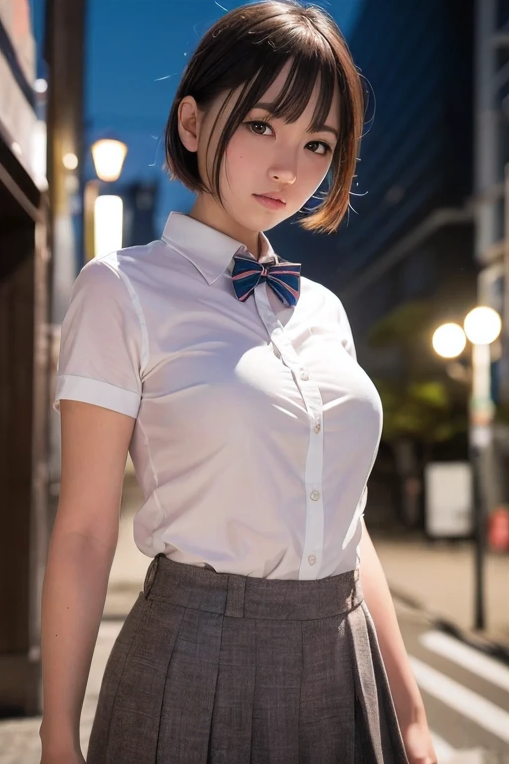 (8k, RAW photo, best quality, masterpiece:1.2), (realistic, photo-realistic:1.37), ultra-detailed,
1 girl,cute, solo,beautiful detailed sky,detailed tokyo street,night,
medium breasts,beautiful detailed eyes,(collared shirt:1.1), bowtie,pleated skirt,(short hair:1.2),floating hair