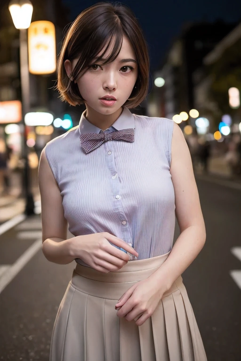 (8k, RAW photo, best quality, masterpiece:1.2), (realistic, photo-realistic:1.37), ultra-detailed,
1 girl,cute, solo,beautiful detailed sky,detailed tokyo street,night,
medium breasts,beautiful detailed eyes,(collared shirt:1.1), bowtie,pleated skirt,(short hair:1.2),floating hair