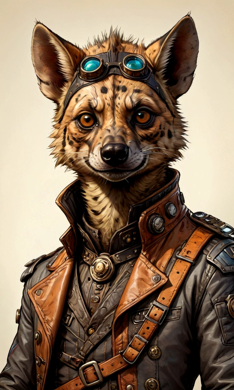 ((Masterpiece)), (Best Quality), (Cinematic),(highly accurate drawing in every detail)(extremely precise representation)half_body_portrait,victorian steampunk vibe,, a stunning steampunk striped hyena(male)(with all hyena specific bodyparts) dressed in cool leather pilot suit with layers and buckles and accessoires holding a ballistic gun,big eyes,  high quality linework,plain background,1 line drawing,Hyaena hyaena, plain white background