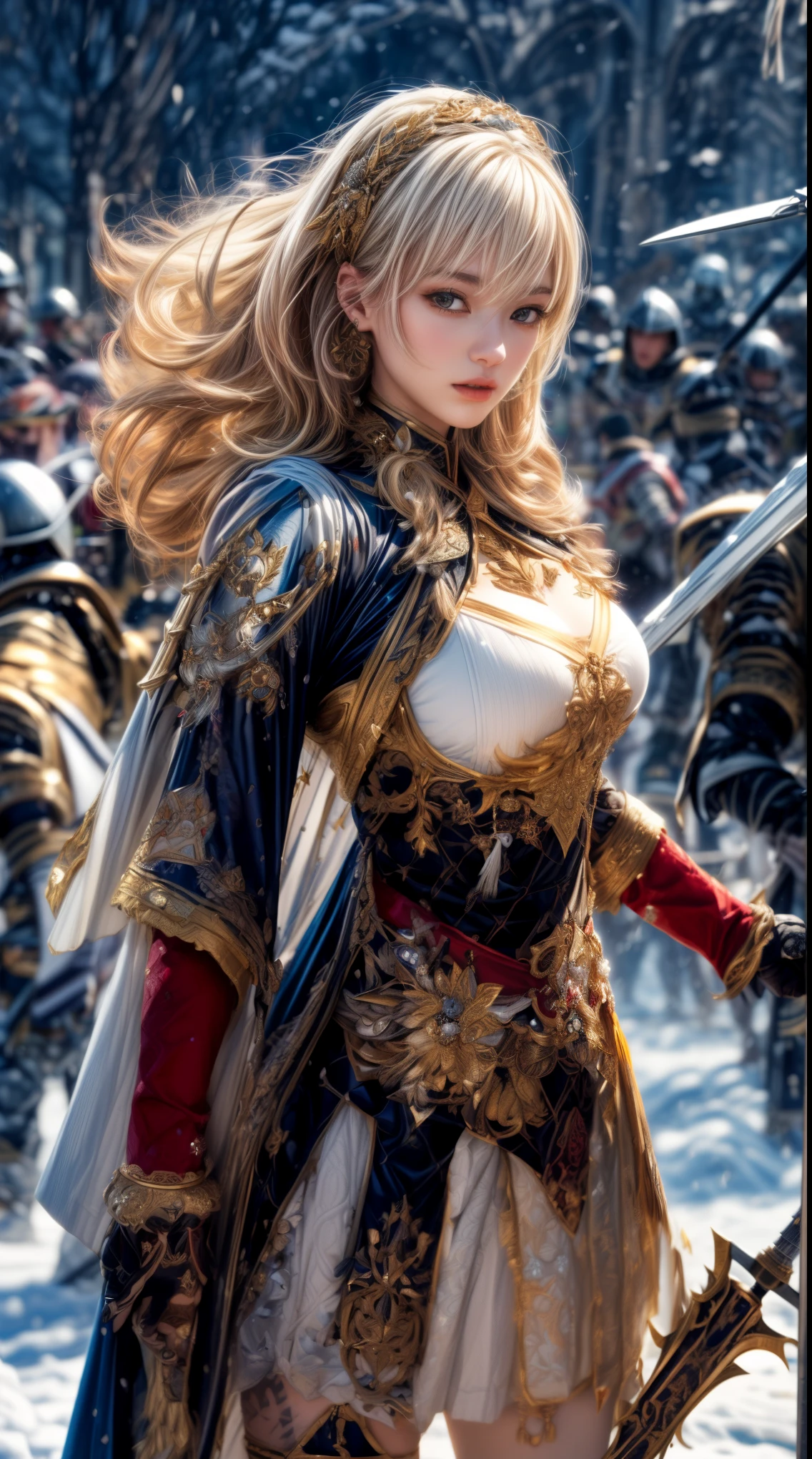 Very beautiful woman、Slender women、(Detailed face)、Realistic Skin、((Paladin)), ((Pearl White Armor))、((((A black armor with extremely detailed and intricate decoration.:1.1))))、((Delicate photo))，(Girl Astepeace RAW Photo Details:1.25), (highest quality:1.6), (超A high resolution:1.5), (Realistic:1.75), 8K resolution, Canon EOS R5, 50mm, Absurd, Super detailed,Cinema Lighting,((Fightfield))、((Fight))、(((White skirt with embellishments)))、Thigh-high socks、Shingard、((blonde))、((Curly Hair))、((Drill Hair))、((Short hair with bangs and wavy hair,))、Get a six pack、Cape、Beautiful Armor、(((Has a huge weapon)))、(In combat)、The wind is blowing、((Symmetrical armor))、((((Blizzard))))、(((Lead a large group of knights:1.2)))、banner、Armor with a snow and ice motif、(((Battle Scenes)))、((Browsing Caution:1.1))