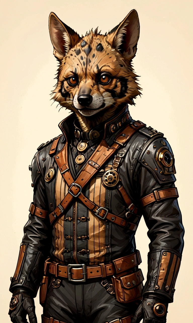 ((Masterpiece)), (Best Quality), (Cinematic),(highly accurate drawing in every detail)(extremely precise representation)half_body_portrait,victorian steampunk vibe,, a stunning steampunk striped hyena(male)(with all hyena specific bodyparts) dressed in cool leather pilot suit with layers and buckles and accessoires holding a ballistic gun,big eyes, high quality linework,plain background,1 line drawing,Hyaena hyaena, plain white background