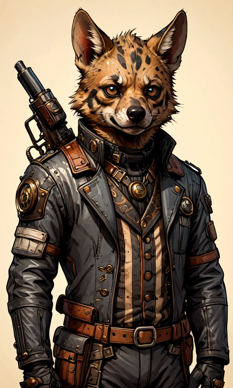 ((Masterpiece)), (Best Quality), (Cinematic),(highly accurate drawing in every detail)(extremely precise representation)half_body_portrait,victorian steampunk vibe,, a stunning steampunk striped hyena(male)(with all hyena specific bodyparts) dressed in cool leather pilot suit with layers and buckles and accessoires holding a ballistic gun,big eyes, high quality linework,plain background,1 line drawing,Hyaena hyaena, plain white background