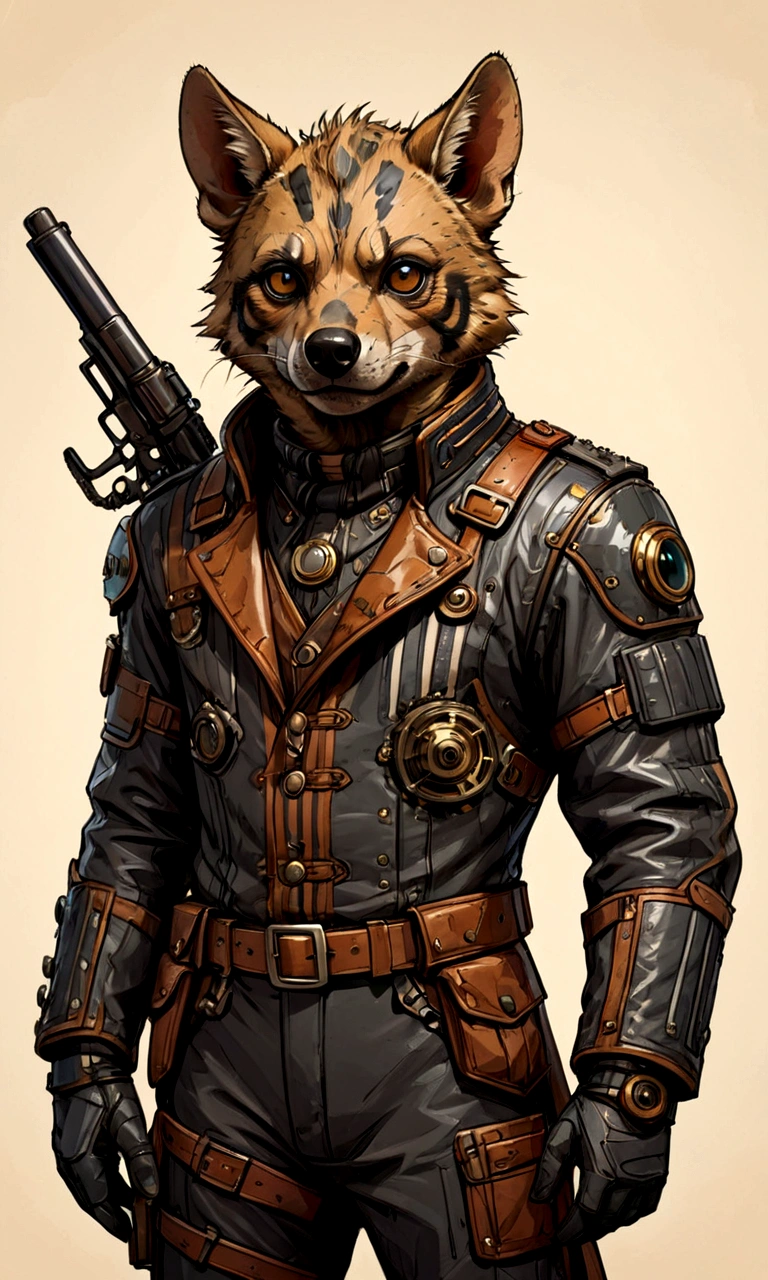 ((Masterpiece)), (Best Quality), (Cinematic),(highly accurate drawing in every detail)(extremely precise representation)half_body_portrait,victorian steampunk vibe,, a stunning steampunk striped hyena(male)(with all hyena specific bodyparts) dressed in cool leather pilot suit with layers and buckles and accessoires holding a ballistic gun,big eyes, high quality linework,plain background,1 line drawing,Hyaena hyaena, plain white background