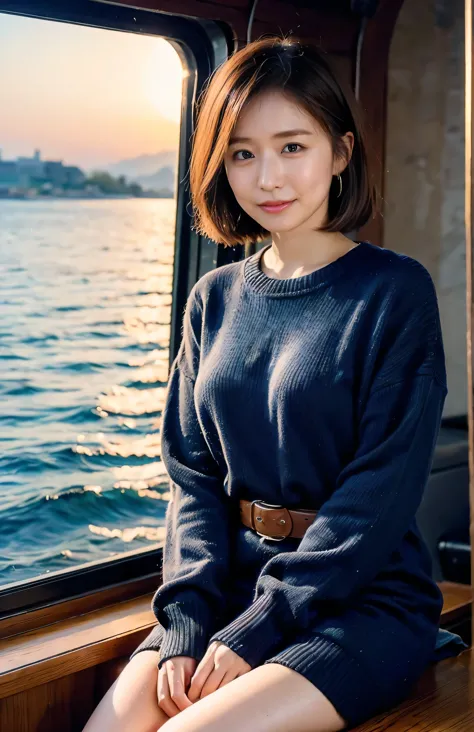 The sky turns red、Woman standing on a boat、Light brown hair、Elegant hairstyle、Blue Eyed Woman、A woman with a cute upward gaze、Wh...