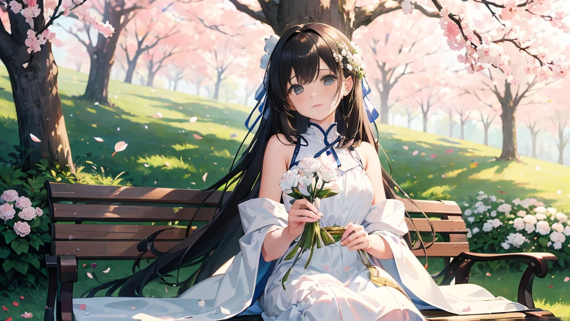 ，masterpiece, highest quality，8k, Ultra-high resolution，The protagonist is sitting on a quiet park bench.，There were a few white carnations blooming beside him.。Tears trickle between the petals，As if to blur the beauty of the carnations。The autumn leaves in the park quietly fall，Recreate the protagonist&#39;s atmosphere。