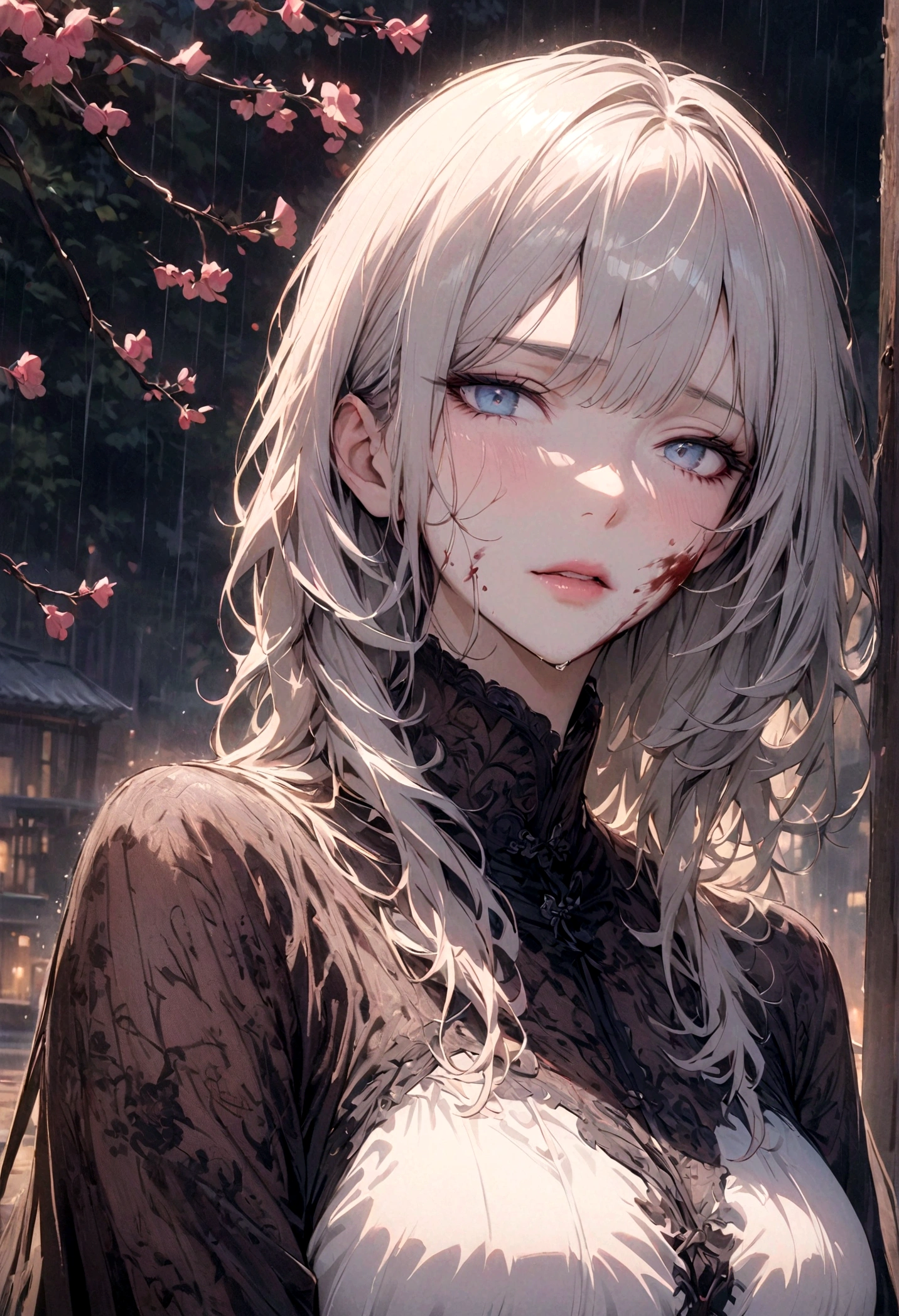 masterpiece, best quality, night, outdoor, rainy days, Branches, Chinese, China, 1 female, Mature woman, Silver-white hair woman, Gray blue eyes, Light pink lips, cold, Lace, Weak, Bangs, assassin, Short knife, White clothes, Black clothes pattern, Blood stains, Blood, Injuried, Blood on the face, Blood on the clothes, rain, delicate face, delicate face,