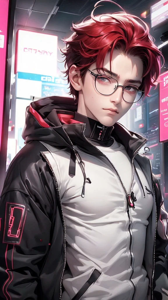 Boy, short soft red hair, gray eyes, sharp features, glasses, white skin, smooth and delicate, cherry lips, jacket cyberpunk, upper body. 