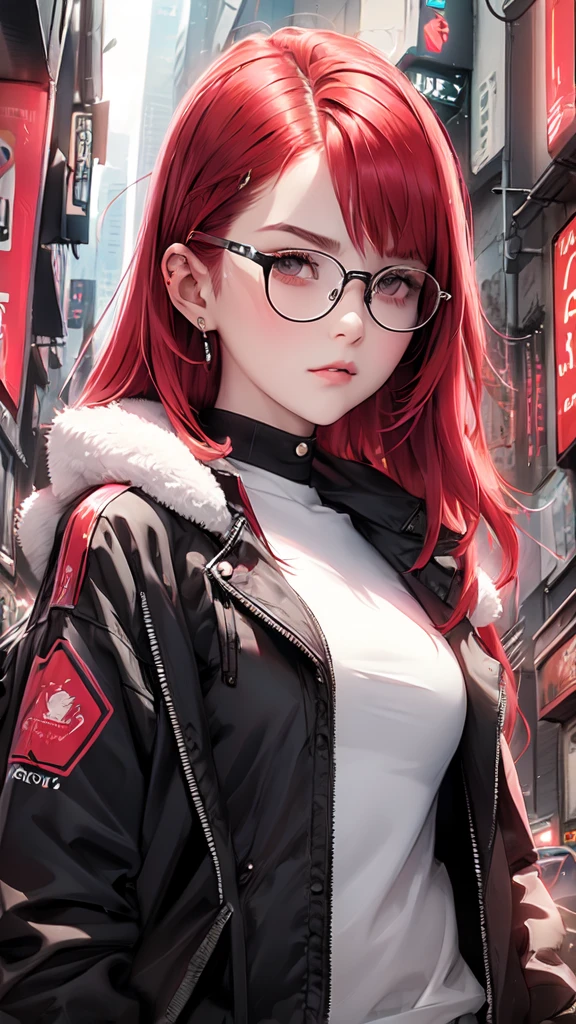 fille, longs cheveux roux doux, yeux gris, Caractéristiques pointues, Lunettes, peau blanche, lisse et délicat, lèvres couleur cerise, veste cyberpunk, Haut du corps. 