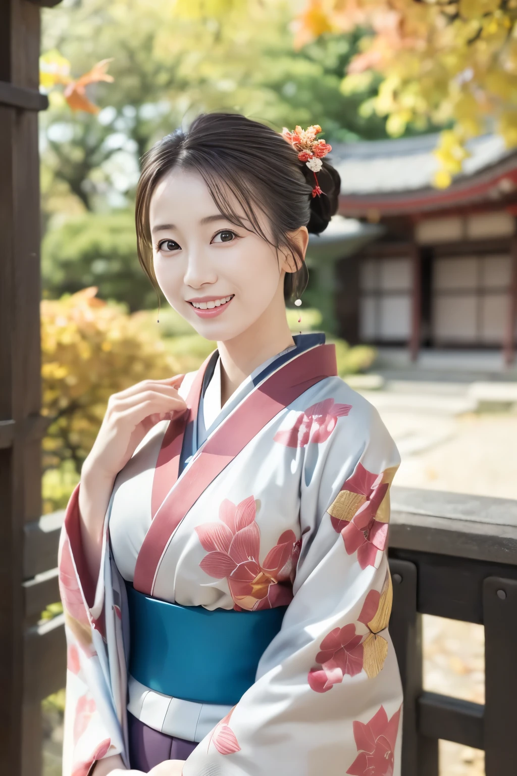 (Super beautiful woman in kimono)、(( Close up)),((best qualtiy、8k masterpieces:1.3))、((front shot)),sharp focus:1.2、(ultra beautiful faces:1.0)、(shinny skin:1.0)、photos realistic、A dark-haired、Video Lighting、High-definition eyes and face、Video Lighting、Japanese actressl、from the front side、medium breasts、With a happy smile、((wearing kimono and obi))、((hair up)),Under the autumn leaves、,(( in Japanese temple)),((view from above)),