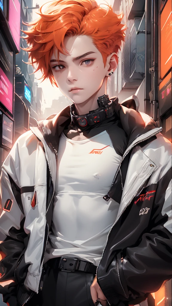 Boy, short soft orange hair, gray eyes, sharp features, headphone, white skin, smooth and delicate, cherry lips, jacket cyberpunk, upper body. 