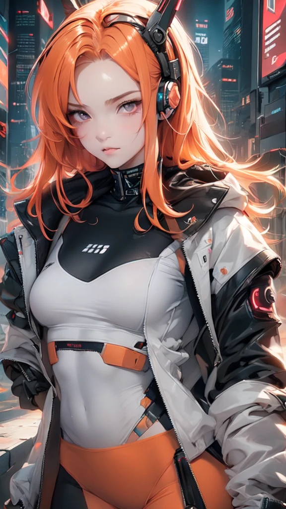 fille, cheveux longs et doux orange, yeux gris, Caractéristiques pointues, casque de musique, peau blanche, lisse et délicat, lèvres couleur cerise, veste cyberpunk, Haut du corps. 