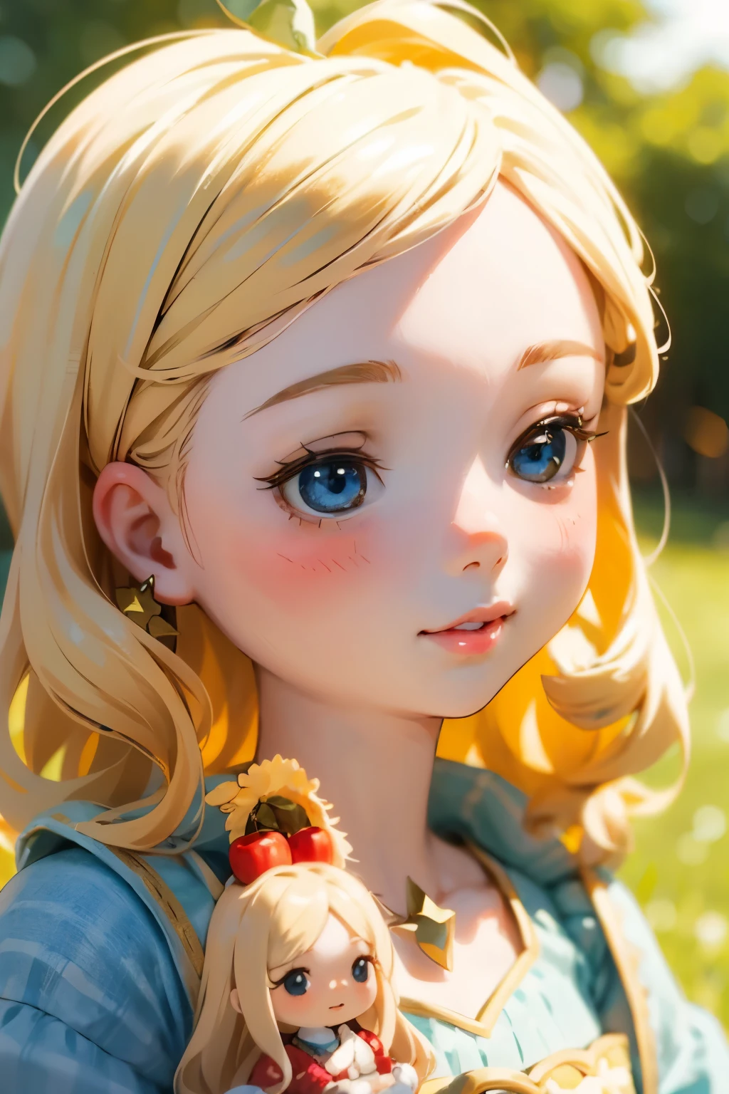 Photorealistic、Chibi Girl Doll（Apple-themed clothing、Have a magic wand、smile）,8k, photorealistic, beautiful detailed eyes, beautiful detailed lips, extremely detailed face and skin, intricate details, vibrant colors, natural lighting, pastoral, serene, tranquil, cozy, cute, adorable, kawaii