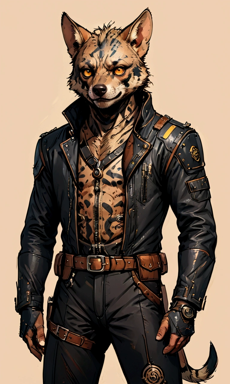 ((Masterpiece)), (Best Quality), (Cinematic),(highly accurate drawing in every detail)(extremely precise representation)half_body_portrait,victorian steampunk vibe,, a stunning steampunk striped hyena(male)(with all hyena specific bodyparts) dressed in cool leather pilot suit with layers and buckles and accessoires holding a ballistic gun,big eyes, high quality linework,plain background,1 line drawing,Hyaena hyaena, plain white background