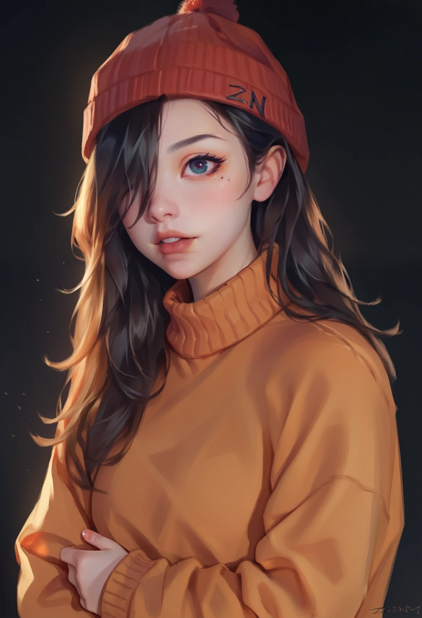 smudgy, traditional art, liu2, brush texture, score_9, score_8_up, score_7_up, 1girl, solo, orange sweater, black long hair, hair covering one eye, red knitted hat,
