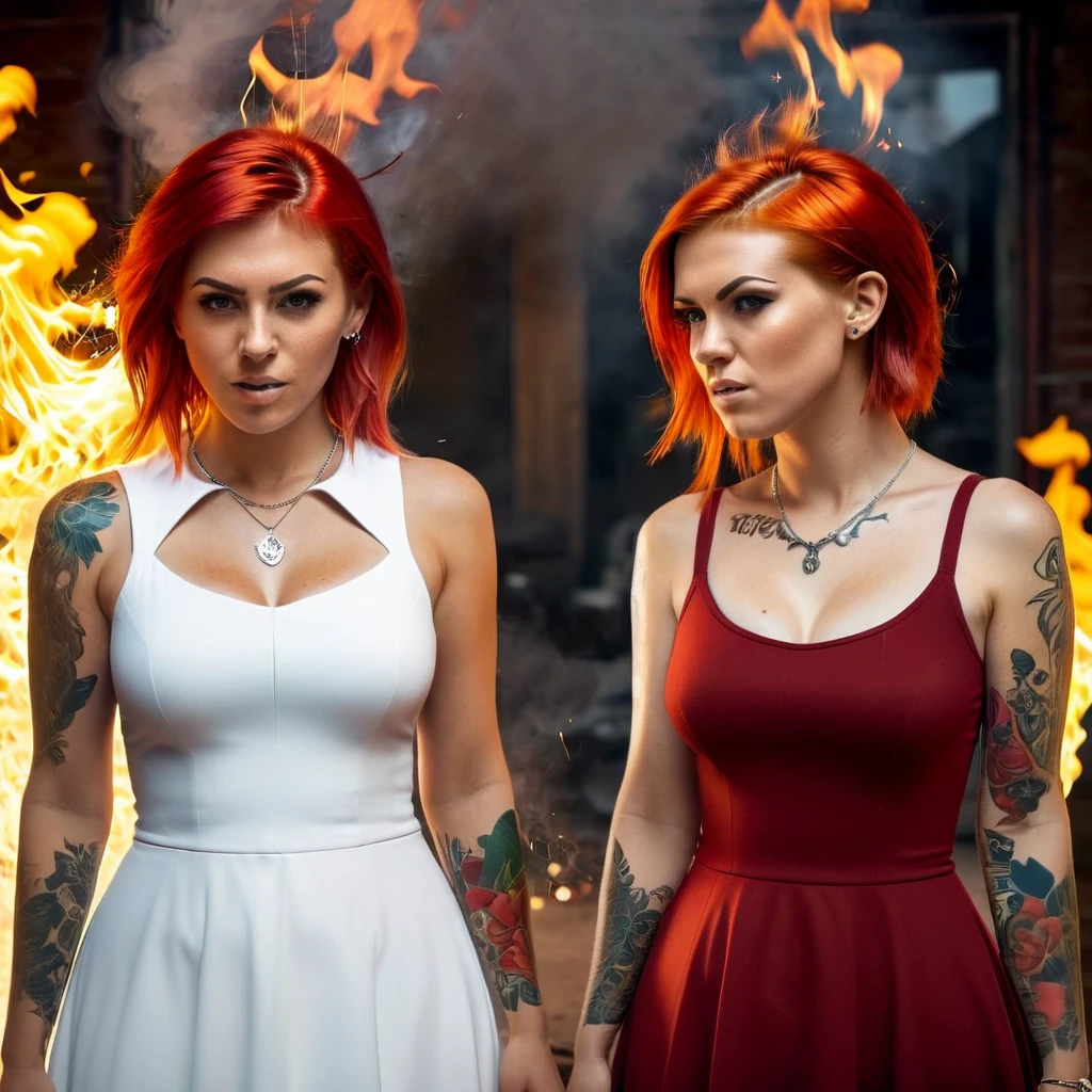 two girl, doppelganger, face to face, mirroring, two tones, opposite-opponent, happy-angry, white-tanned skin, charm-mean, fire between, white-red hair, high-low collar dress, asymmetrical tattoo, epic realism, UHD 8k, super detailed, unreal engine