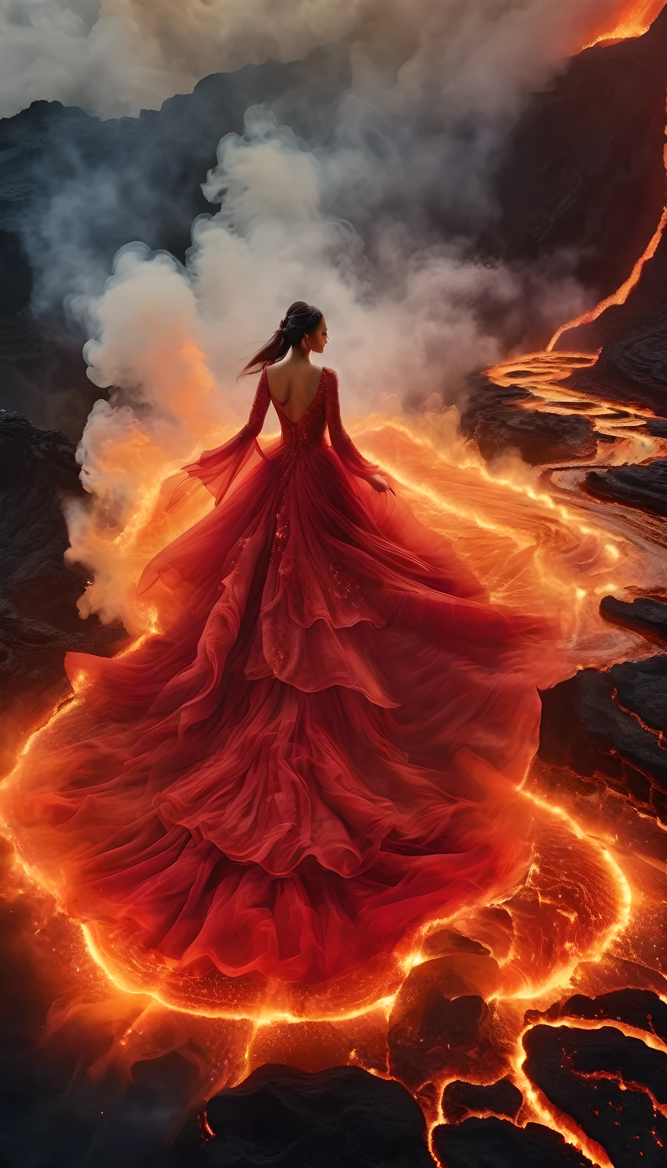 Fotografía realista de una hermosa mujer con un vestido de novia rojo largo y vaporoso que luce espectacularmente exagerado., Pequeñas bolas de fuego cayendo del cielo, lluvia de meteoros, camina sobre la superficie de la lava ardiente y caliente, Burbuja de lava y vapor, brumoso, Desenfoque de calor, Cielo nublado oscuro
