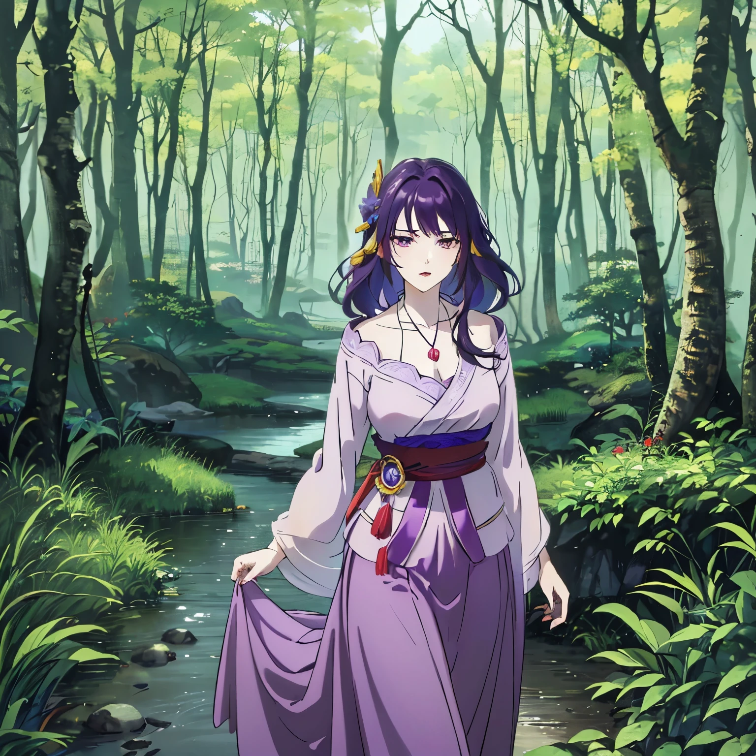 Best quality at best, Ultra-high resolution, (((1 girl))), (Long purple hair), (violet eyes), (Chinese clothes), (((Red Flowers necklace around her neck))), (Ultra Long Skirt), Hanfu, Yarn, Flowing light yarn, jewelry, (focal), (((Colorful))), particle fx , tmasterpiece, Best quality at best, beautiful painted, meticuloso, highly detailed, (tmasterpiece, Best quality at best） CG unified 8K wallpaper，((walking in the forest)), tmasterpiece，Best quality，ultra - detailed）, Super HD picture quality