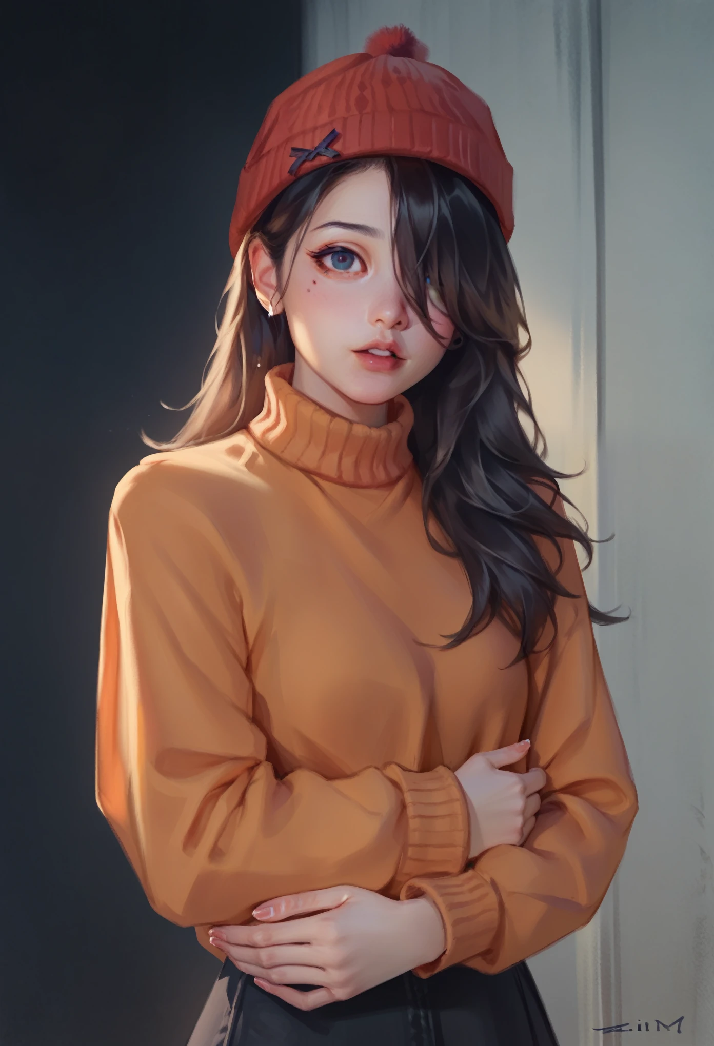 smudgy, traditional art, liu2, brush texture, score_9, score_8_up, score_7_up, 1girl, solo, orange sweater, black long hair, hair covering one eye, red knitted hat,
