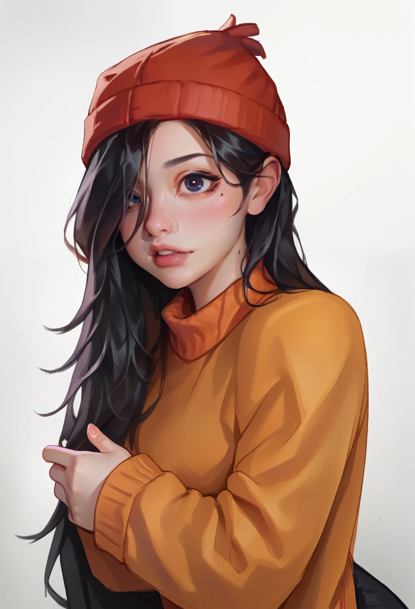 smudgy, traditional art, liu2, brush texture, score_9, score_8_up, score_7_up, 1girl, solo, orange sweater, black long hair, hair covering one eye, red knitted hat,
