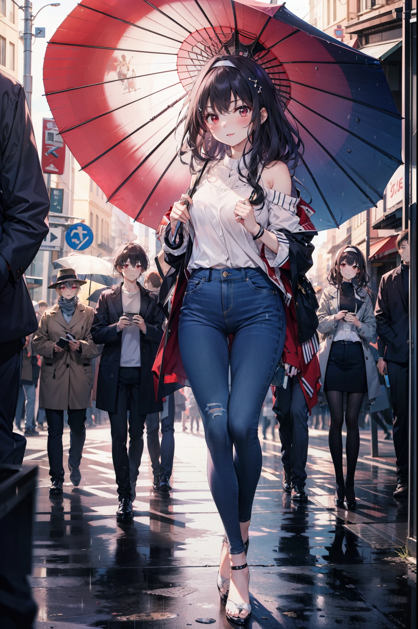 For profit, utaha kasumigaoka, Black Hair, hair band, Long Hair, (Red eyes:1.5), blush,blush,happy smile, smile, Open your mouth,whole bodyがイラストに入るように,Looking down from above,　One-Shoulder Tops,Skinny jeans,Stiletto heels,walking,Cloudy,rain,umbrella,umbrellaのグリップを持っている,whole bodyがイラストに入るように,
break looking at viewer,whole body,
break outdoors, Building district,
break (masterpiece:1.2), highest quality, High resolution, unity 8k wallpaper, (figure:0.8), (Beautiful fine details:1.6), Highly detailed face, Perfect lighting, Highly detailed CG, (Perfect hands, Perfect Anatomy),