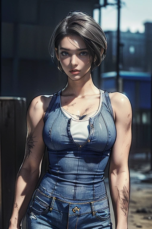 (One Woman),(whole body:1.5),(front:1.5),(((Jill Valentine is standing:1,5))),((Blue tank top:1.5)),((Dirty jeans:1.5)),(black tactical holster:1.2),((White sneakers:1.5)),BREAK((anger:1.5)),(short hair:1.5),(Dirty Face:1.5),(Beautiful Eyes:1.3),(Very detailedな顔:1.5),((Very detailed drawing of a female hand:1.5)),((Muscular:1.5)),((Sexy Looks:1.5)),(Beautiful body:1.5),(Very sensual:1.5),BREAK(The background is an American-style night city:1.5),((biohazard style:1.5)),(((Blur the background:1.5))),(Written boundary depth:1.5),BREAK(((masterpiece:1.5),(highest quality:1.5),(Very detailed:1.5),(High resolution:1.5),(Realistic:1.5),(Photorealistic:1.5),(Delicate depiction),(Careful depiction))),8k,wallpaper