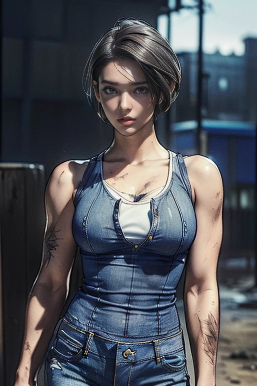 (Eine Frau),(ganzer Körper:1.5),(Vorderseite:1.5),(((Jill Valentine steht:1,5))),((blaues Tanktop:1.5)),((Schmutzige Jeans:1.5)),(schwarzes taktisches Holster:1.2),((weiße Turnschuhe:1.5)),brechen((anger:1.5)),(Kurzes Haar:1.5),(schmutziges Gesicht:1.5),(wunderschöne Augen:1.3),(Sehr detailiertな顔:1.5),((Sehr detailiert drawing of a female hand:1.5)),((muskulös:1.5)),((Sexy Looks:1.5)),(Schöner Körper:1.5),(sehr sinnlich:1.5),brechen(Der Hintergrund ist eine Nachtstadt im amerikanischen Stil:1.5),((Biohazard-Stil:1.5)),(((Den Hintergrund verwischen:1.5))),(Geschriebene Grenztiefe:1.5),brechen(((Meisterwerk:1.5),(höchste Qualität:1.5),(Sehr detailiert:1.5),(Hohe Auflösung:1.5),(realistisch:1.5),(fotorealistisch:1.5),(Feine Darstellung),(Sorgfältige Darstellung))),8k,Hintergrund