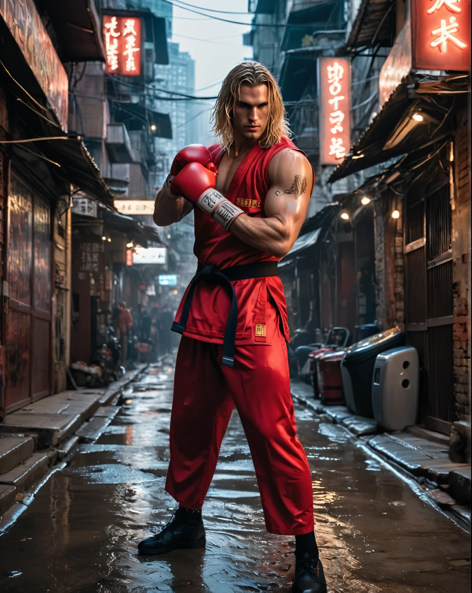 4K portrait of a muscular American man (Ken from Street Fighter:1.1) (Boxing pose:1.2) In the cyberpunk Kowloon Walled City、Wearing a red karate suit at dusk, tattoo, Tattoo, Long blonde hair blown in the wind, 袖のTattoo, Cyberpunk 2077, Narrow Alley, Blade Runner, Backlight, Wet cobblestone road, (Cinema Lighting:1.3), Soft cinematic light, Low shot from street level, Adobe Lightroom, Photo Lab, High resolution, Extensive details, Extremely detailed, Photorealism, Professional photography, Shiny, Droplets fly, Depth of written boundary  