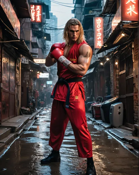 4k portrait of a muscular american man (ken from street fighter:1.1) (boxing pose:1.2) in the cyberpunk kowloon walled city、wear...