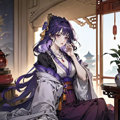 Best quality at best, Ultra-high resolution, (((1 girl))), (Long purple hair), (violet eyes), (Chinese clothes), (((Red Flowers ...