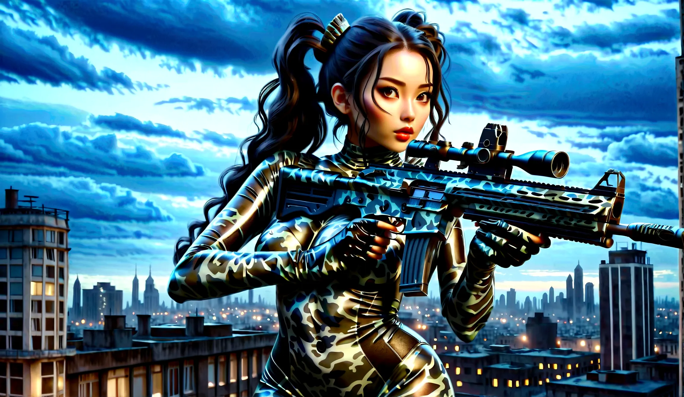 Beautiful Asian woman, large breasts, black hair slicked back in a two-bun hairstyle, wearing a (night camo:1.4) latex bodysuit and (night camo makeu:1.4), holding an assault rifle, on the roof of a high-rise building, against a night cityscape, dark backg...