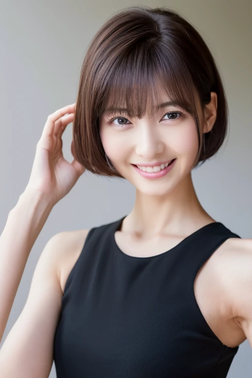 ((highest quality, 8k, masterpiece: 1.3)), Ultra-realistic, Skinny Japanese woman, 30 years old, 1 girl, Black tank top,The beauty of slim abs: 1.3, (Hairstyle Brown Hair Short Cut, big: 1.2), Super slender face, Delicate eyes, double eyelid, smile, Home, RAW Photos