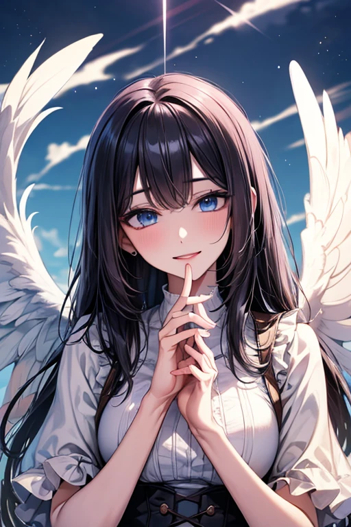 masterpiece, masterpiece_portrait, distinct, distinct_image, high_resolution, highres, high_quality_anime, high_quality, hyper_detail, finely_detailed,4K, YUJU, GFRIEND , sexy body, ((black hair)), blue eyes, smile, happy, angel, ((white wings)), angel clothes, heaven