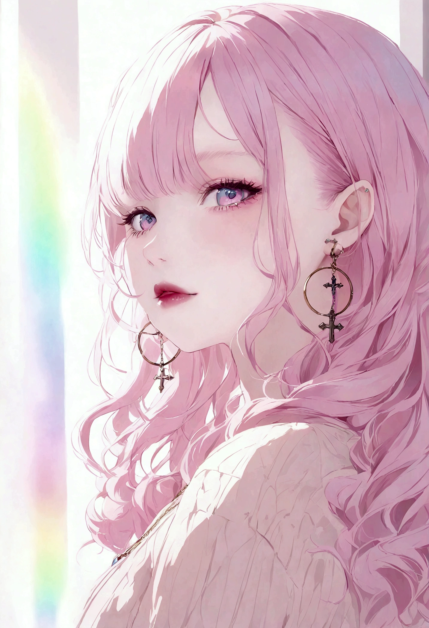 rainbow, One Girl, alone,Super cute, Long Hair, View Viewer, Blue Eyes Background, White Background, jewelry, Mouth closed, Jacket, Upper Body, Pink Hair, Earrings, Pink Eyes, necklace, From the side, sweater, lips, eyelash, compensate, Wavy Hair, Earrings, cross, lipstick, 耳のEarrings, eye shadow, hoop Earrings, ピンクのlips, Variegated eyes, Pink Theme, , ピンクのeye shadow,