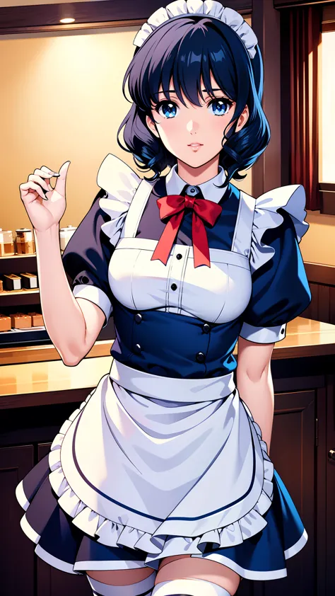 lynnminmay, 1girl, solo, black hair, cowboy shot, ultra-detailed, best quality, masterpiece, illustration, game cg, (maid), shor...