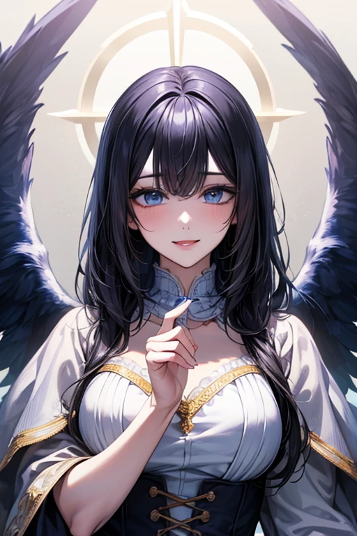 masterpiece, masterpiece_portrait, distinct, distinct_image, high_resolution, highres, high_quality_anime, high_quality, hyper_detail, finely_detailed,4K, YUJU, GFRIEND , sexy body, ((black hair)), blue eyes, smile, happy, angel, ((white wings)), angel clothes, heaven