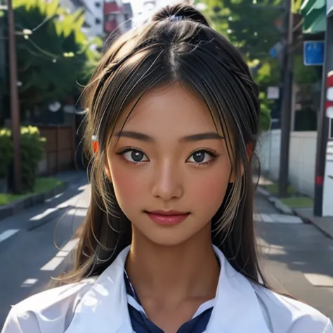 (Cute 15 year old Japanese))、on the road、Highly detailed face、Pay attention to the details、double eyelid、Beautiful thin nose、Sha...