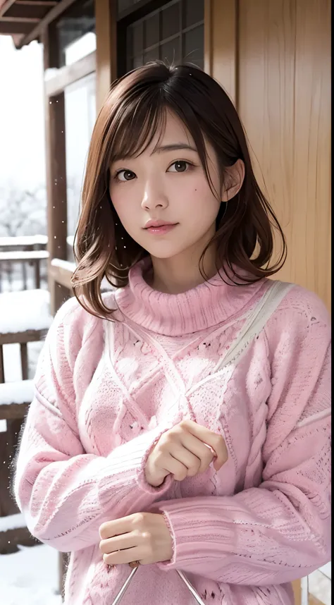 in the snowy debtorest, Japanese women, (Pink knitted sweater:1.3), it&#39;s snowing, The pupils shine, Brown short hair, Large ...
