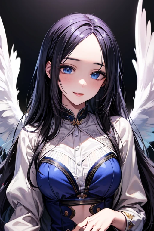 ((forehead)), masterpiece, masterpiece_portrait, distinct, distinct_image, high_resolution, highres, high_quality_anime, high_quality, hyper_detail, finely_detailed,4K, YUJU, GFRIEND , sexy body, ((black hair)), blue eyes, smile, happy, angel, ((white wings)), angel clothes, heaven, whole body