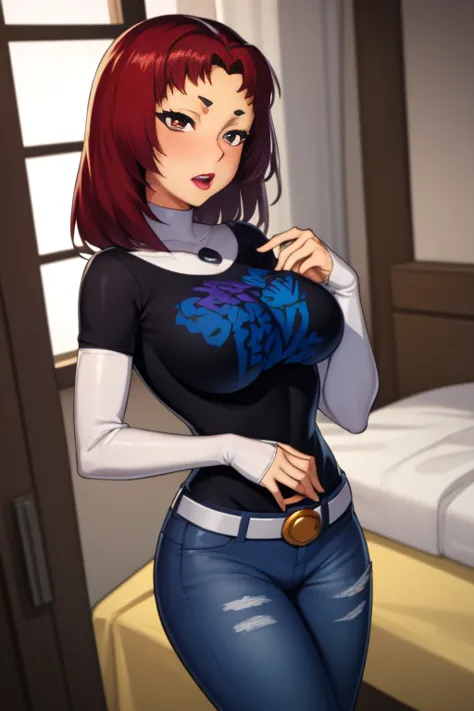 (masterpiece, best quality:1.2), starfire, red hair, 1girl, solo, breasts, dark skin, black t-shirt, white shirt, blue jeans, be...