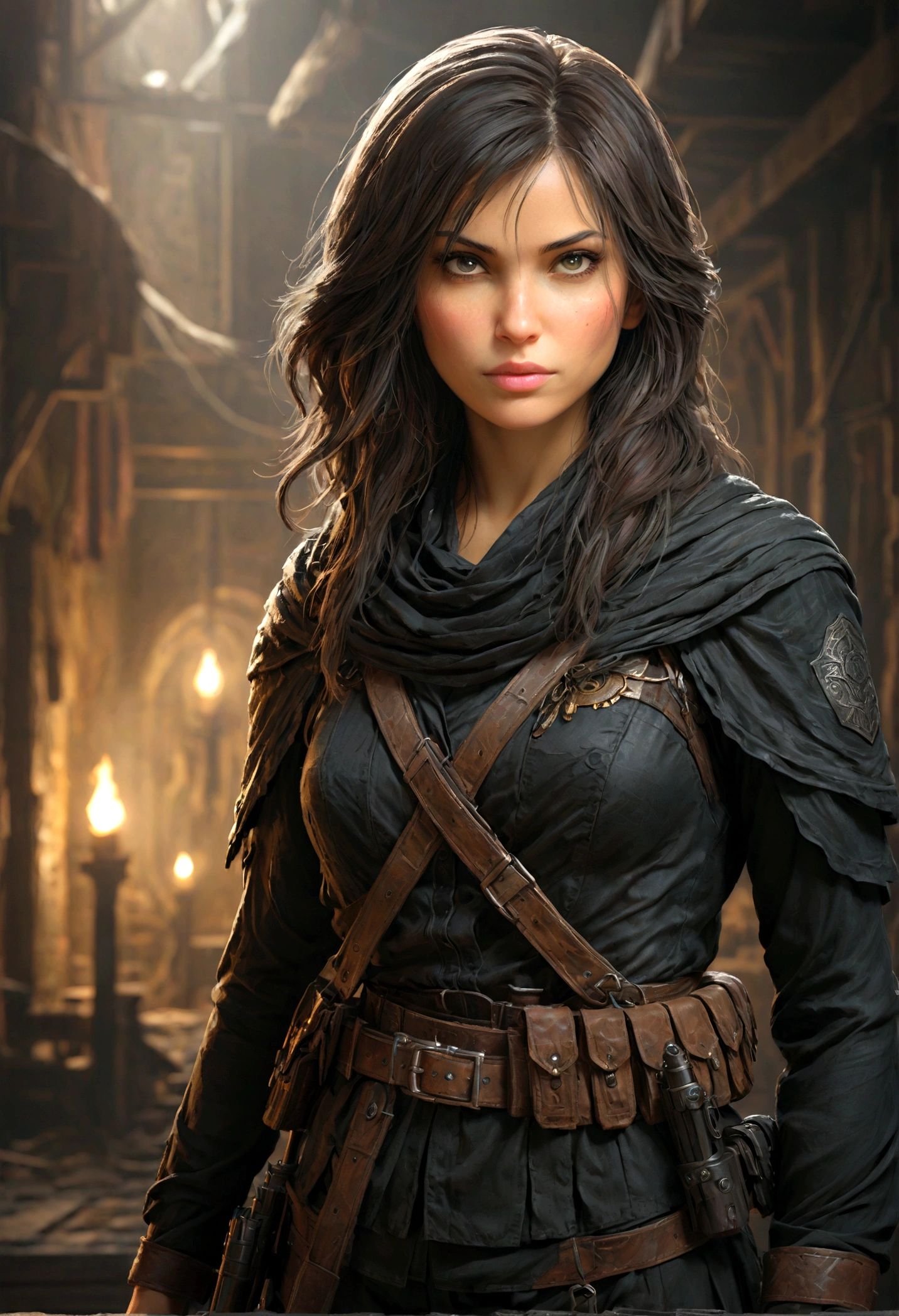 create a beautiful detailed image of a powerful and confident female division character holding a gun. she should exude strength and determination. Early 30's, Hair Long, Dark and flowing styled elegantly but practical. in a form fitting tactical outfit