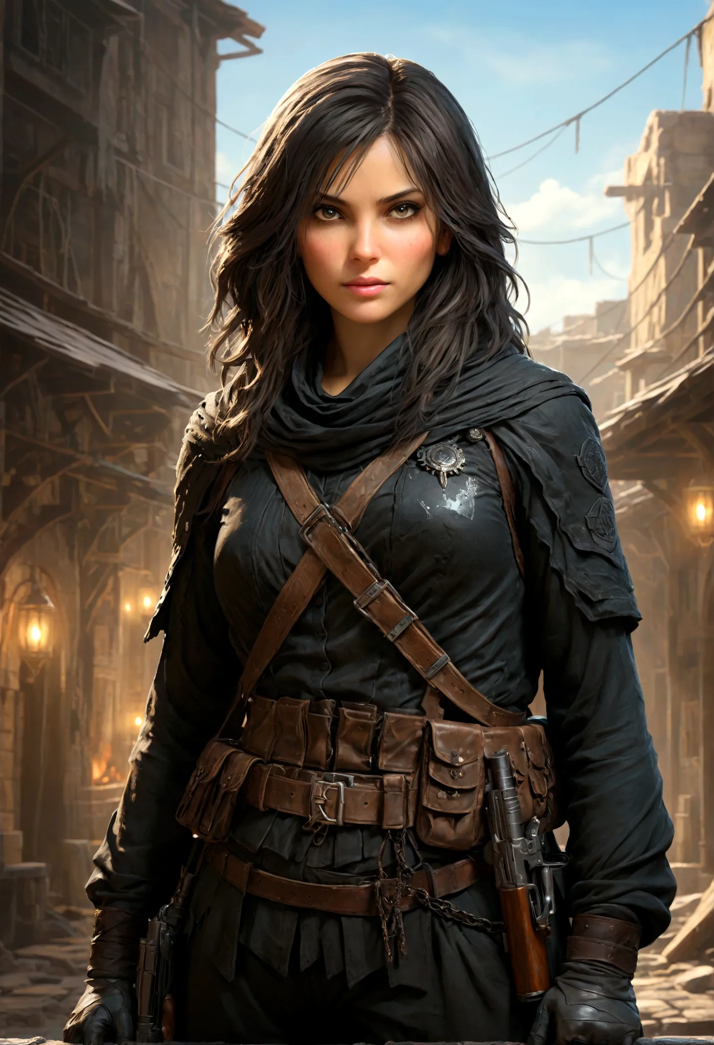 create a beautiful detailed image of a powerful and confident female division character holding a gun. she should exude strength...