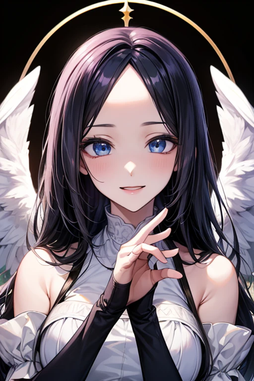 ((forehead)), masterpiece, masterpiece_portrait, distinct, distinct_image, high_resolution, highres, high_quality_anime, high_quality, hyper_detail, finely_detailed,4K, YUJU, GFRIEND , sexy body, ((black hair)), blue eyes, smile, happy, angel, ((white wings)), angel clothes, heaven, ((whole body))